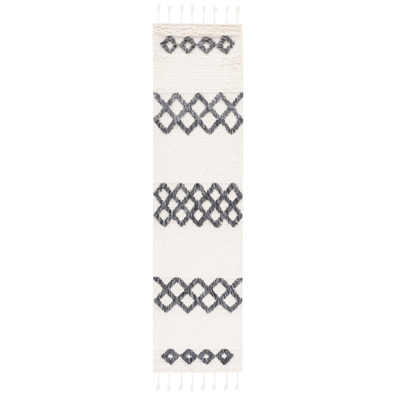 Benyam Hand Loomed Wool/Cotton Geometric Rug in Ivory/Dark Gray, Runner 2'3" x 9'