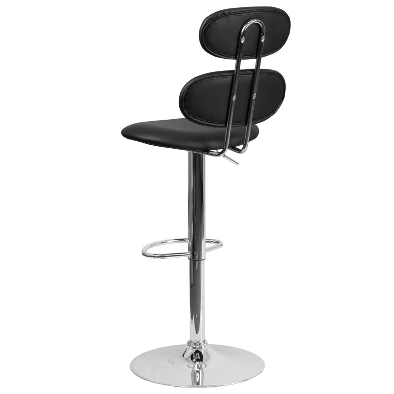 Contemporary Vinyl Adjustable Height Barstool with Ellipse Back and Chrome Base, Black
