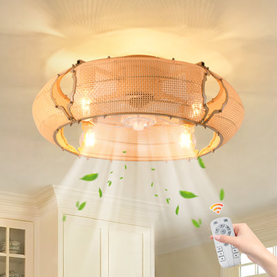 53cm Boho Rattan Farmhouse Caged Reversible Ceiling Fan with Light Kit and Remote