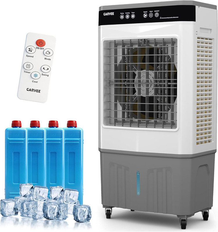 Refroidisseur d'air portatif 8,4 gallons avec 3500 CFM, tactile et télécommande, 3 vitesses, minuterie 12H, oscillation de 120 degrés, 4 blocs de glace pour une utilisation intérieure / extérieure