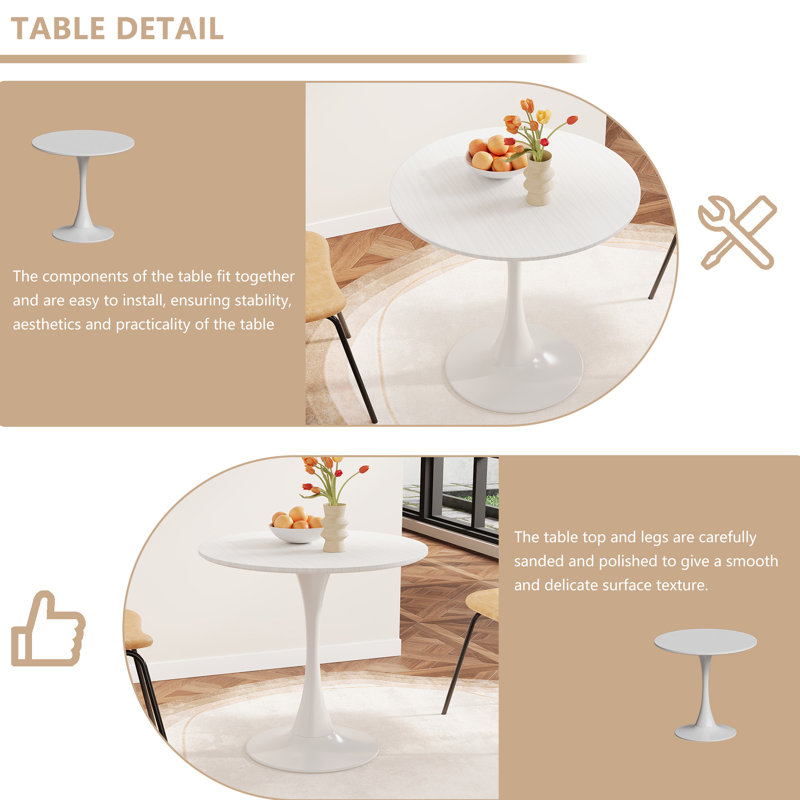 Table de salle à manger Ceballo Mid-Century pour 4 à 6 personnes, H 29 po x L 31,5 po x l 31,5 po, Blanc 1, Blanc