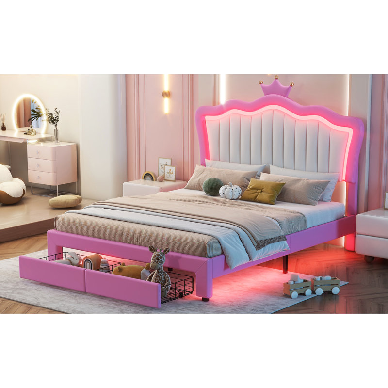 Lit tapissier lumineux à DEL avec 2 tiroirs et tête de lit couronne, rose et blanc, rose et blanc