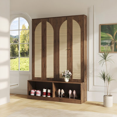 Country-Style Rattan Woven Door Hall Tree 4-In-1 Shoe Changing Bench 6 Hooks Shoe Cabinet With Adjustable Shelves by Bayou Breeze