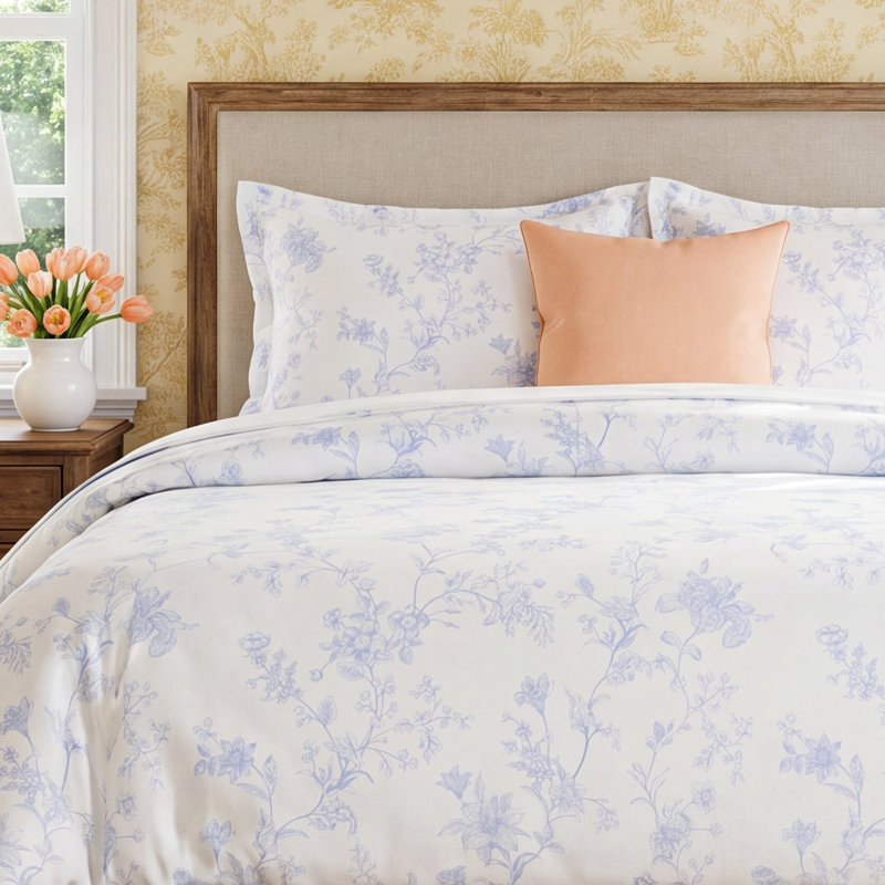Barbet Sateen Floral Duvet Cover, Twin Duvet Cover + Standard Sham, Light Blue
