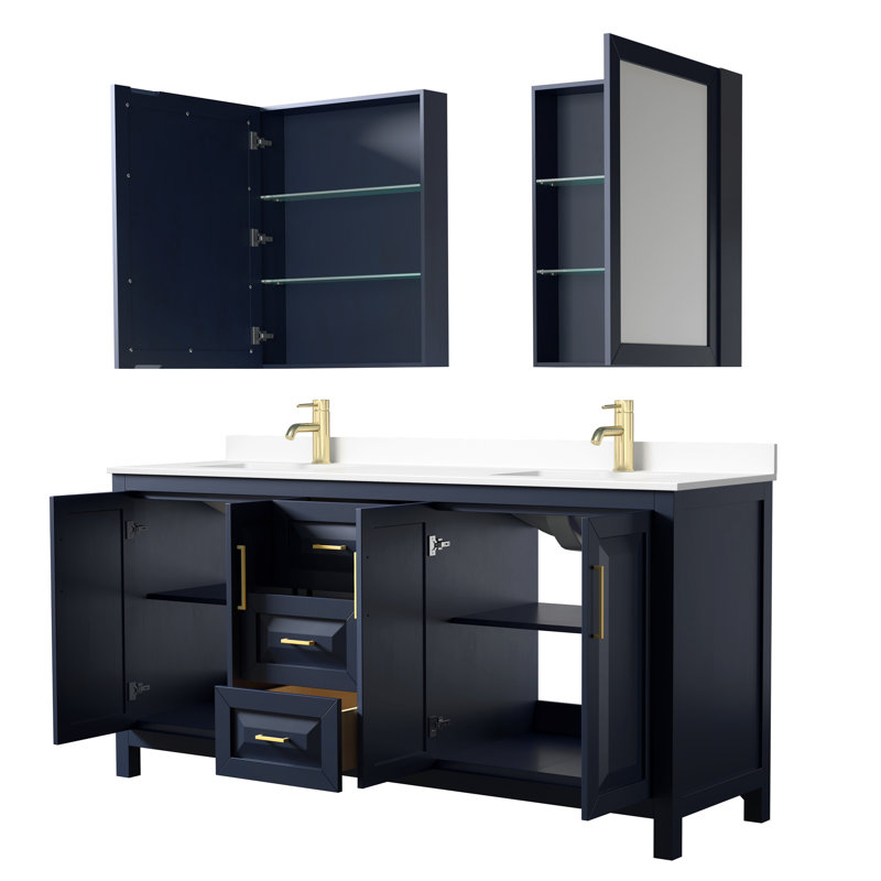 Daria 72'' W Double Vanity, White Cultured Marble, Dark Blue, Brushed Gold