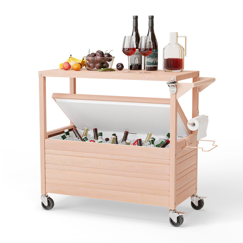 Oak Patio Rolling Cooler With Towel Rack And Waste Bag Frame