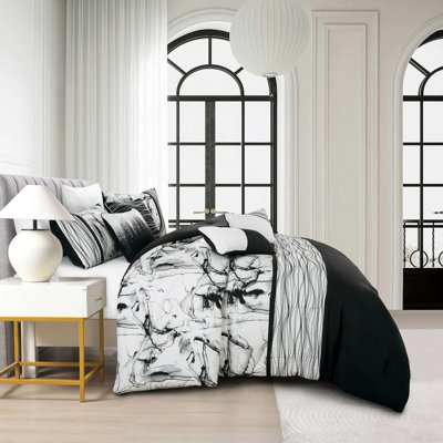 7-Piece Black & White Marble Print  Comforter Set,King