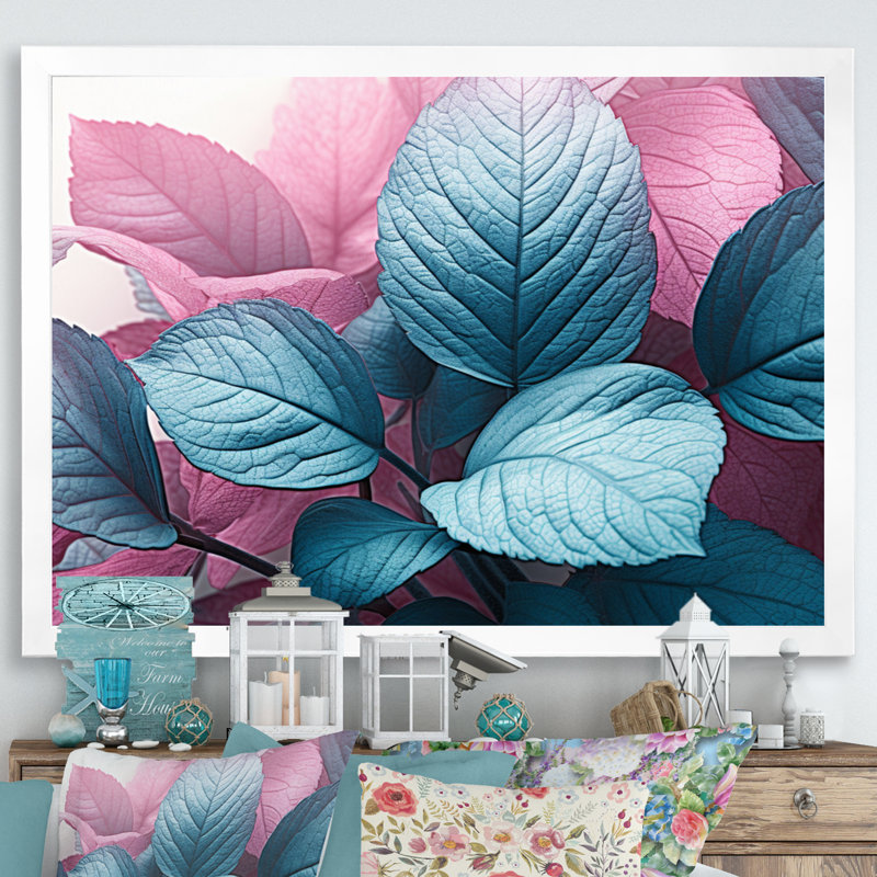 Feuille de splendeur rose turquoise sur toile, H 30 po x l 40 po x P 1,5 po, Cadre photo blanc
