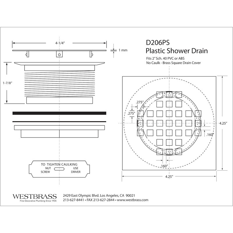 4-1/4" Square Shower Drain Cover with 2" SCH 40 PVC Drain Pipe, Matte Black