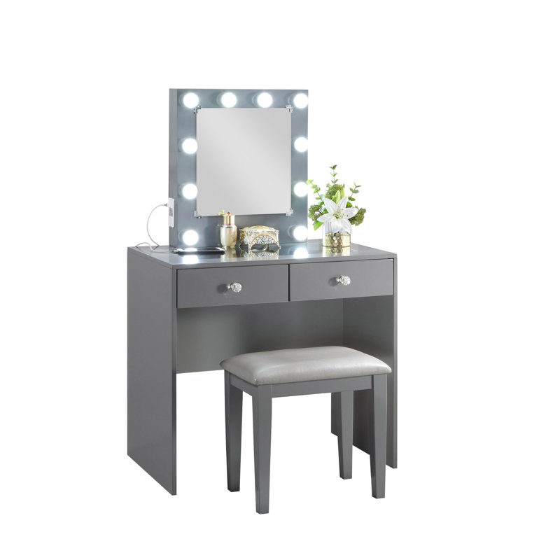 Makeup Vanity and Stool Set, Gray