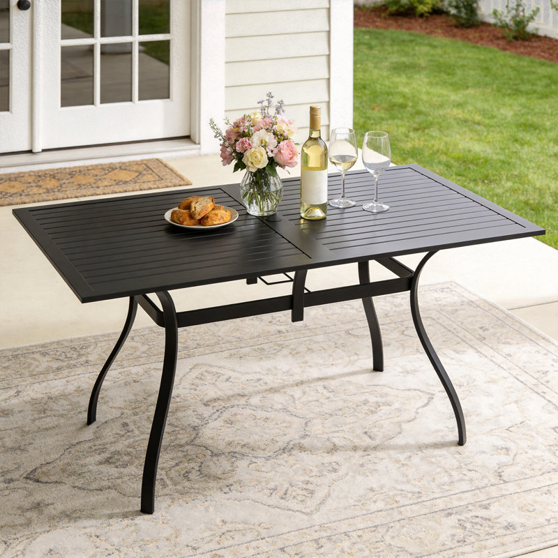 63" Outdoor Patio Dining Table For 6, Rectangular Metal Table With Umbrella Hole, Weather-resistant Slatted Table, Black
