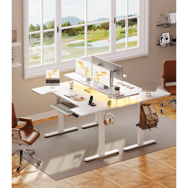 Standing Desk With Large Monitor Shelf,u Shaped Electric Standing Desk With Built-in Power Outlets, Gaming Desk With Led Light, Home Office Desk With Keyboard Tray,writing Desk With Versatile Hook