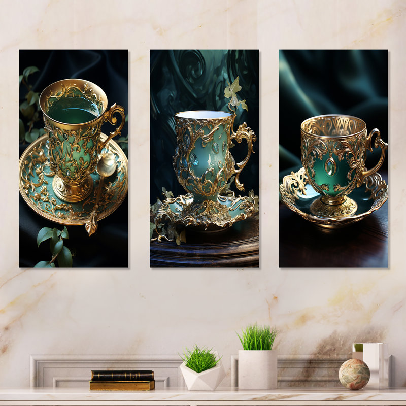 Sophisticated Elixir Tea Elegance - Drinkware Metal Wall Art Prints Set Of 3, 28" H x 36" W