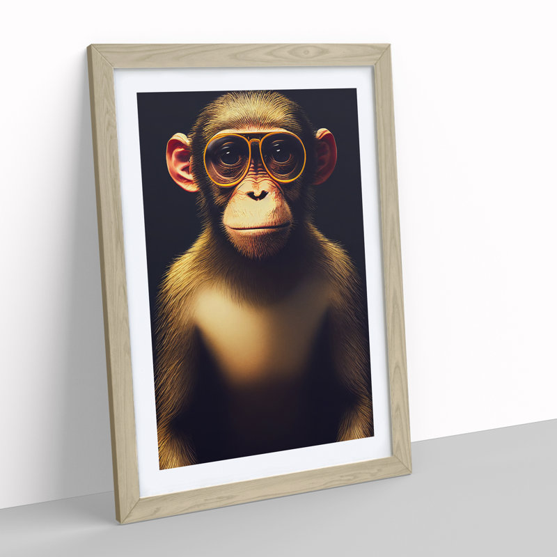 Monkey In Glasses No.3 - Framed Print, 34cm H x 25cm W, Beige
