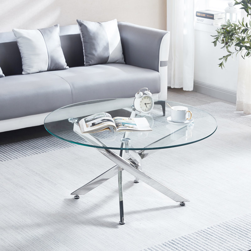 Table basse ronde en verre trempé avec pieds en acier inoxydable d'une largeur de 35,14 pouces