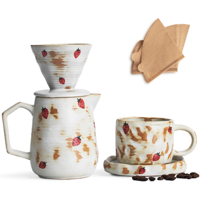 Handcrafted Pour Over Coffee Maker Set with Coffee Cup with Strawberry Pattern 20 Count Paper Filter
