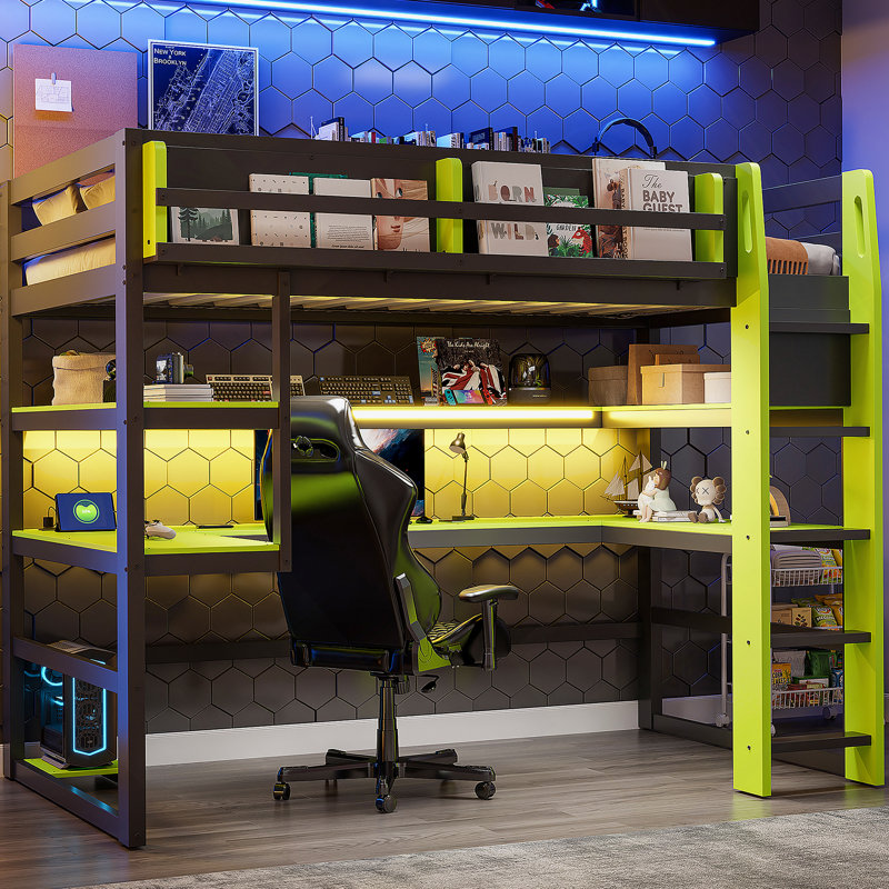 Twin Size Wood Loft Bed With Desk,Side Storage Rack,Multi-Storage Shelves And RGB Light,Green, Twin, Green