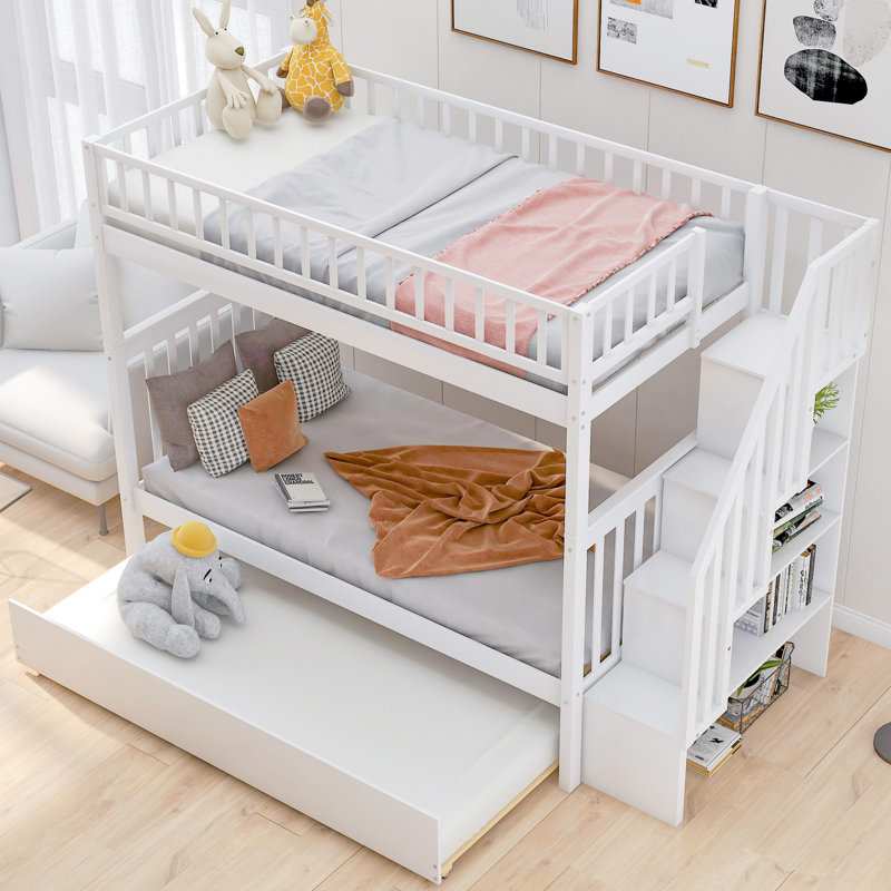 Lit simple superposé au dessus d'un lit gigogne avec rangement en pin blanc, largeur de 42,3 po et structure en pin
