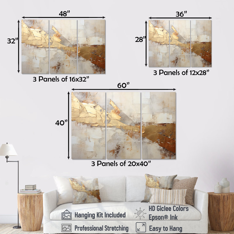 «Beige Gold Western Bliss III», ensemble d'art mural abstrait, H 28 po x l 36 po x P 1 po, Toile tendue