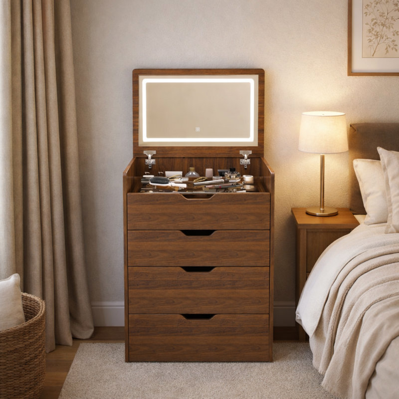 23.65"W 3-in-1 Flip Top Vanity Desk with Lighted Mirror & Stool For Small Space, Walnut, Black