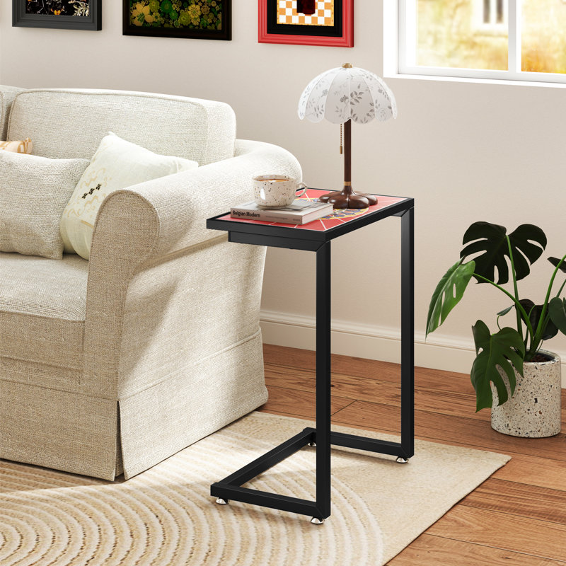 2 pièces Table de bout d'extérieur en forme de C en mosaïque avec cadre en métal robuste