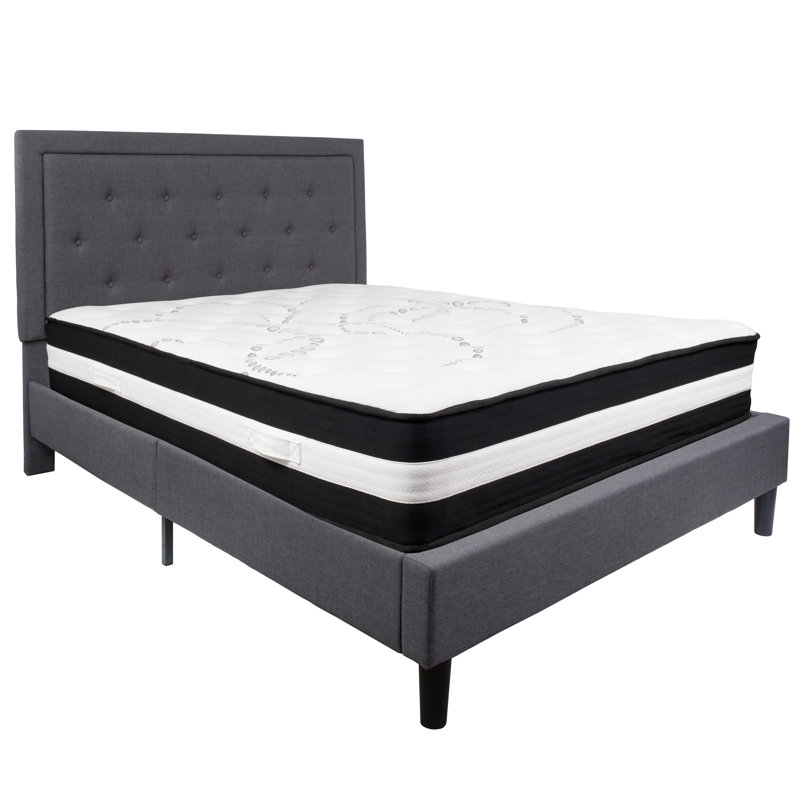 Aluino Panel Tufted Upholstered Platform Bed and Pocket Spring Mattress, Dark Gray, Queen