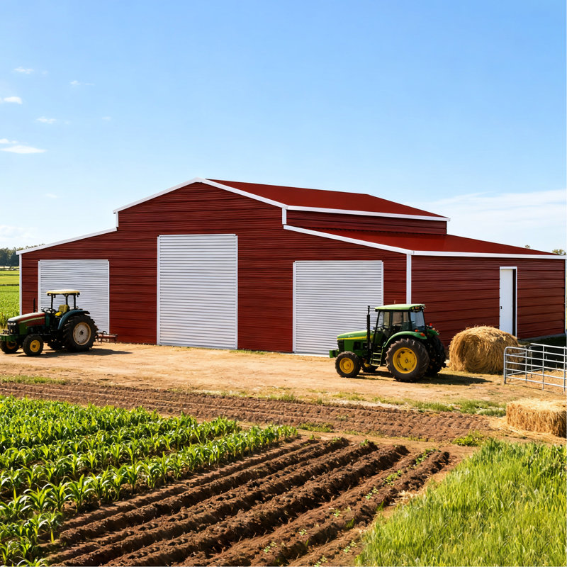 Remise de rangement robuste en métal de 42 pi x 30 pi avec capacité de résistance aux intempéries, 14 en acier galvanisé, 26 panneaux, trois portes roulantes, entrée latérale, fenêtre de ventilation, finition rouille rouge, véhicule de 1260 pieds carrés
