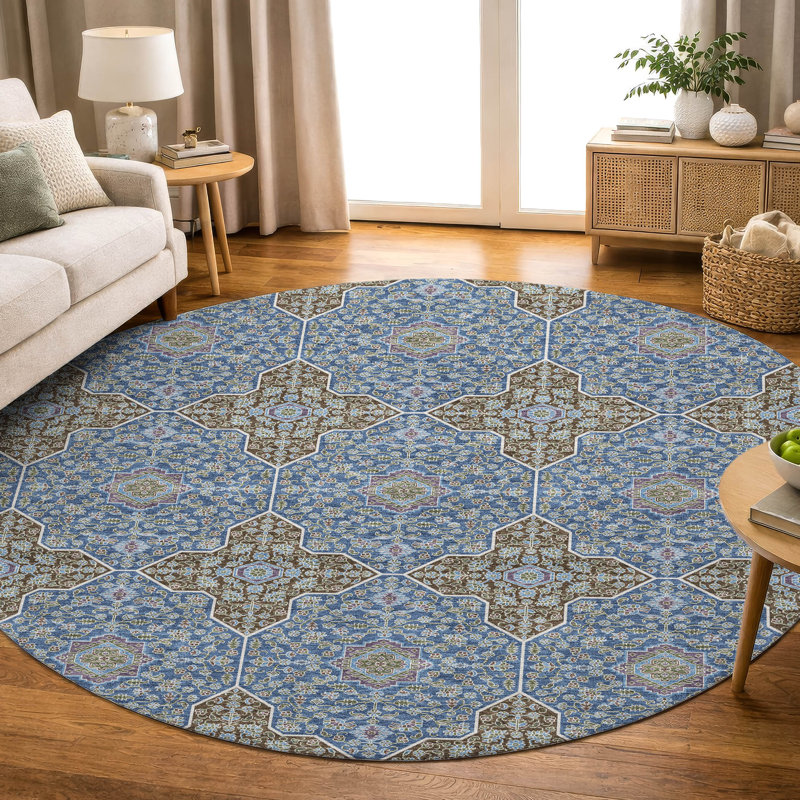 Premium Machine Washable Mayfield AMF2410 Oriental Rug, Navy, 8' Round