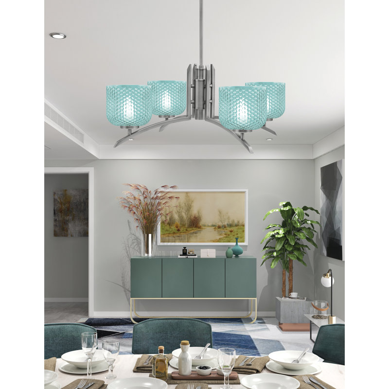 Lustre lumineux avec verre texturé turquoise de 6 po, H 58,25 po x l 27,5 po x P 27,5 po, Graphite, 4