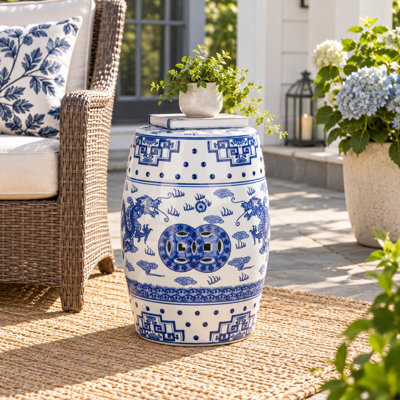 18" Blue Glazed Ceramic Garden Stool for Patio and Indoor Decor