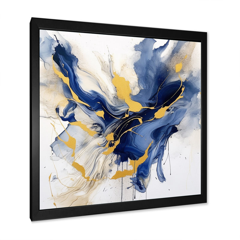 «Dark Blue And Gold Strokes IX», reproduction d'art sur toile, H 30 po x l 30 po x P 1 po, Cadre simple noir