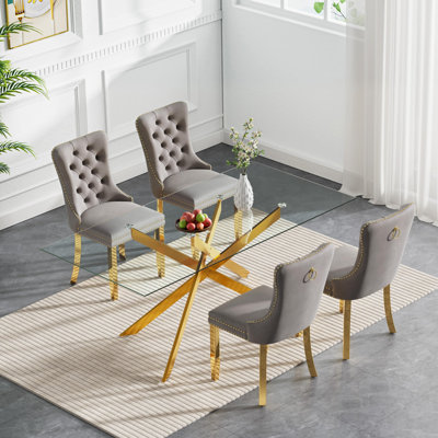 5-Piece 61" Rectangular Dining Table Set, Modern Glass Metal Kitchen Table Set with 4 Velvet Tufted Chair for Dining Room