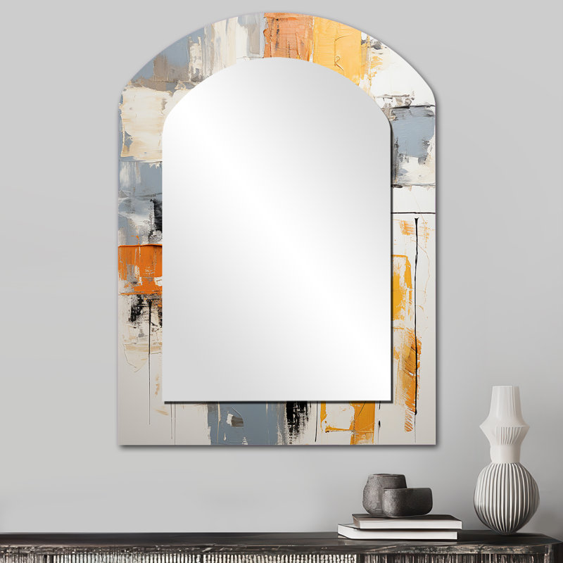 Abstract Yellow And Black Collage II - Large Arched Wall Mirror On Metal, 34" x 25"