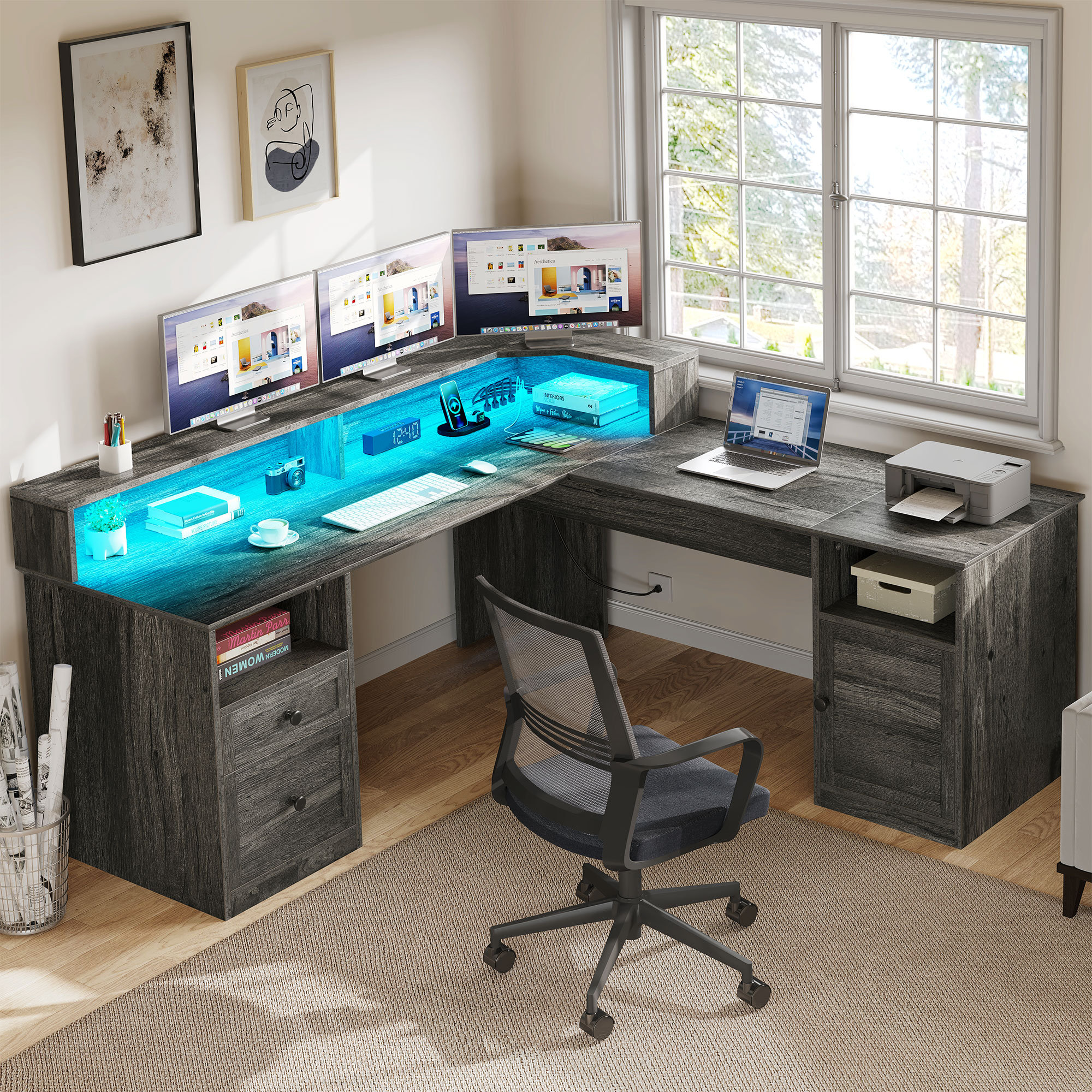 Yitahome  55 Inch L Shaped Corner Computer Desk With Power Outlet And Led  Light And File Cabinet