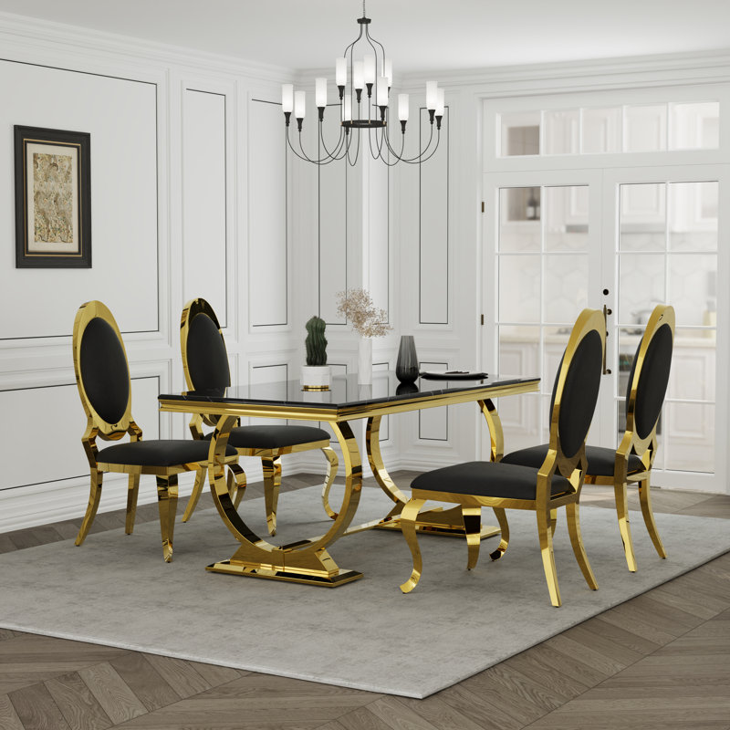 Ensemble de table de salle à manger de luxe 5 pièces avec 4 chaises en cuir, Noir, Noir, Noir / or