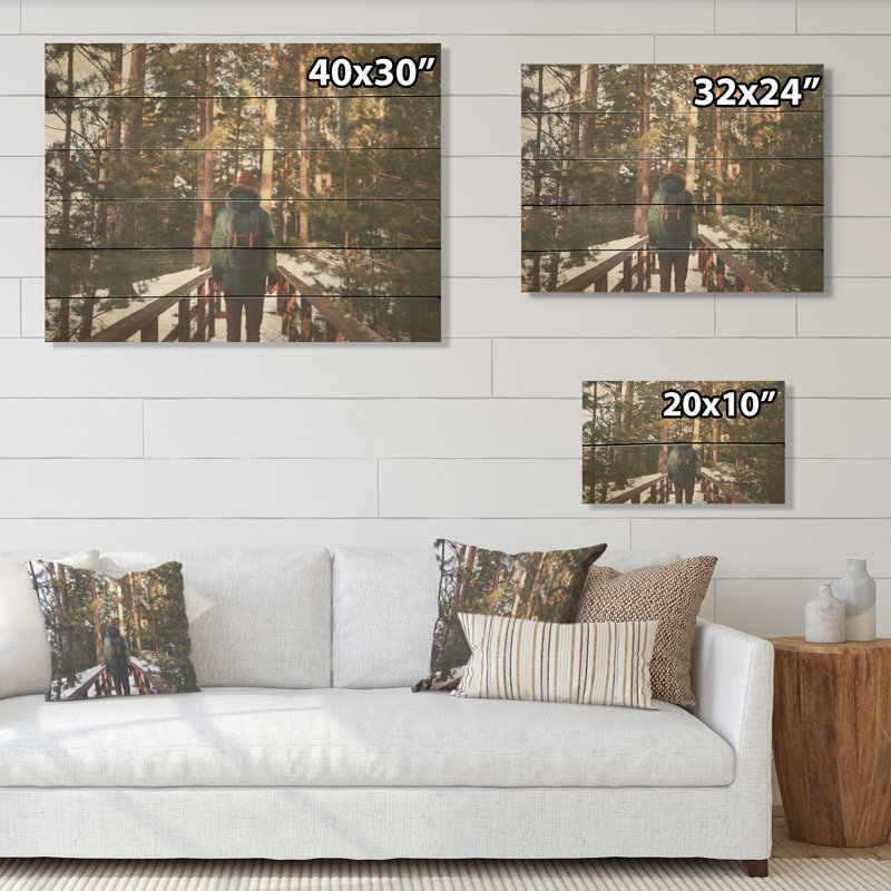 Hiking In Winter Forest - Forest Wood Wall Art On Natural Pine Wood, 24" H x 32" W