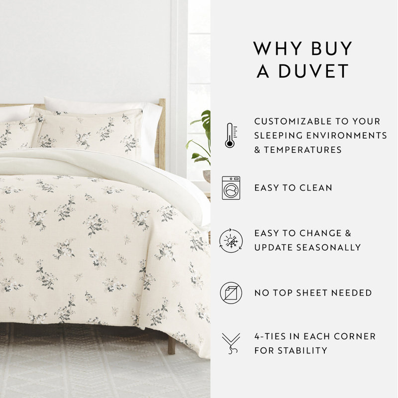 Duvet Cover Set Patterned Microfiber Ultra Soft Bedding in Delicate Floral, King Duvet Cover + 2 Standard Shams