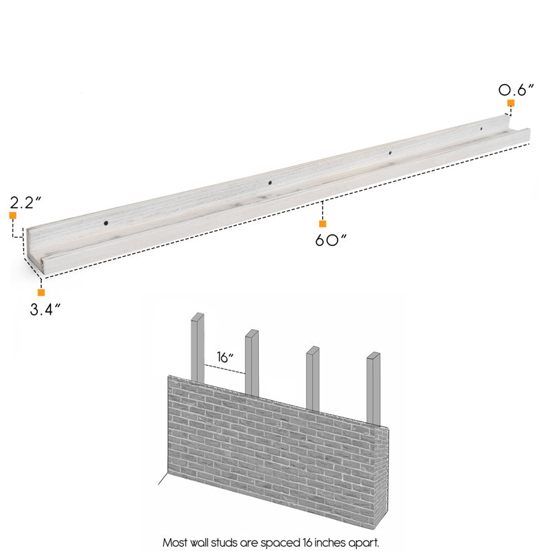 Tablette murale en bois massif Paulownia, Blanc délavé, H 2 po x l 60 po x P 3,4 po