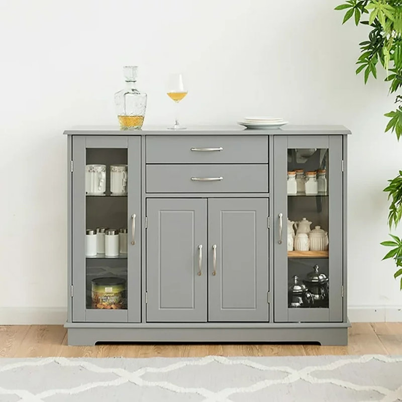 Sideboard Buffet Server Storage Cabinet with 2 Drawers and Glass Doors, Gray