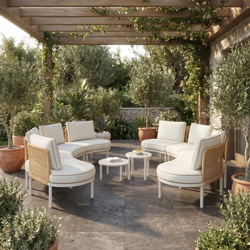 Ensemble de canapé de patio 8 pièces demi-lune modulaire d'extérieur avec tables basses et coussins, beige, Beige