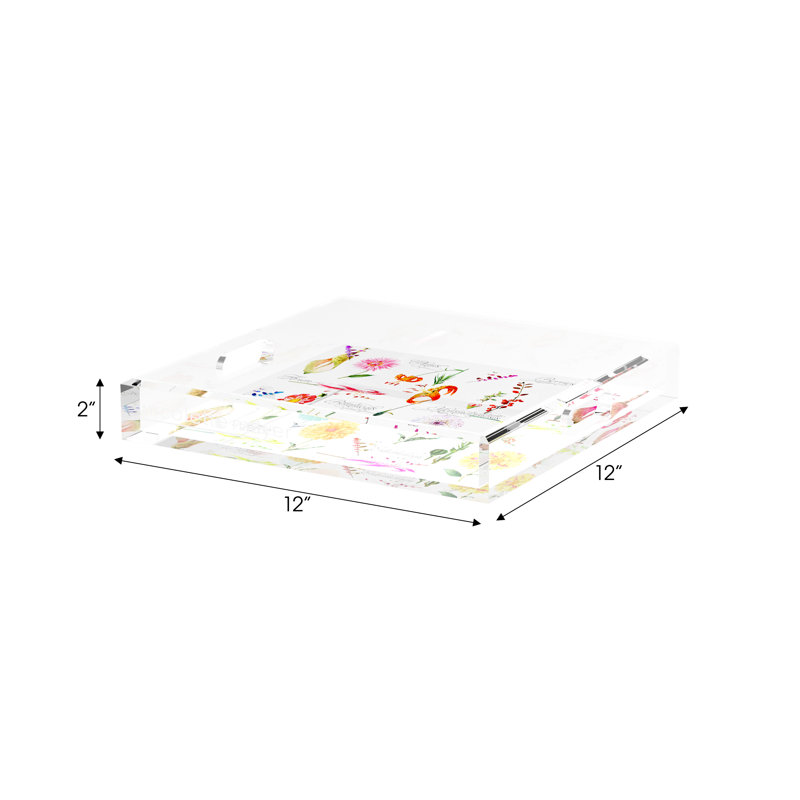 Botanical White Acrylic Square Decorative Tray, 12"W x 12"D x 2"H