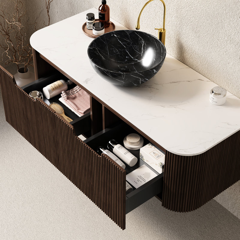 Meuble-lavabo de salle de bain 122 cm avec lavabo, mural, 2 tiroirs, noyer foncé, armoire à rayures 3D sur trois côtés, lavabo en céramique, installation facile, lavabo mural et lavabo noir à motif pierre, contreplaqué, rayures