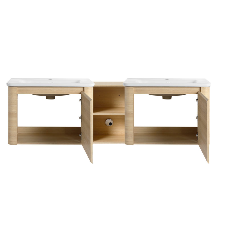 68" Wall-Mounted Double Bathroom Vanity Set With 2 Ceramic Sinks, Beige, 68"