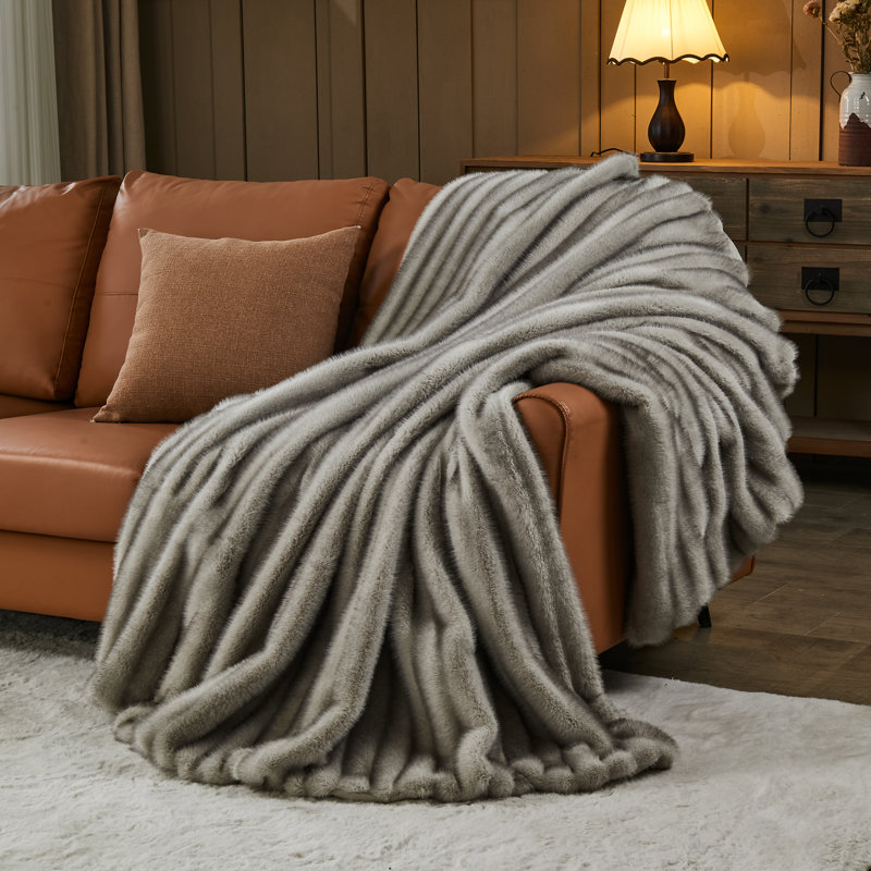 Couverture en fausse fourrure grise et luxueuse pour canapé-lit 1000GSM (gris rayé, simple (60 po x 80 po)), Lit simple, Gris
