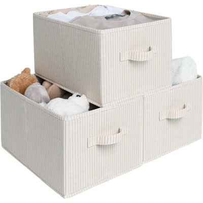 Large Storage Baskets For Shelves, Rectangular Closet Organizers With Handles, Foldable Closet Storage Baskets For Utility Room, 3-Pack, Beige Stripes