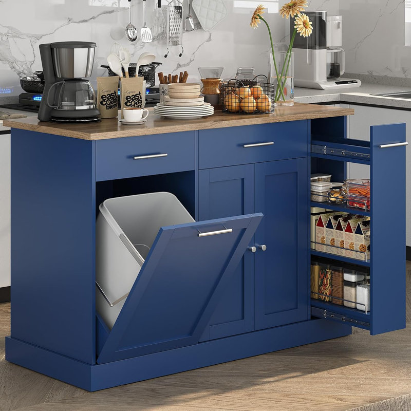 Kitchen Island on Wheels with Trash Can Storage,  Portable Island Table for Kitchen, Natural/Blue