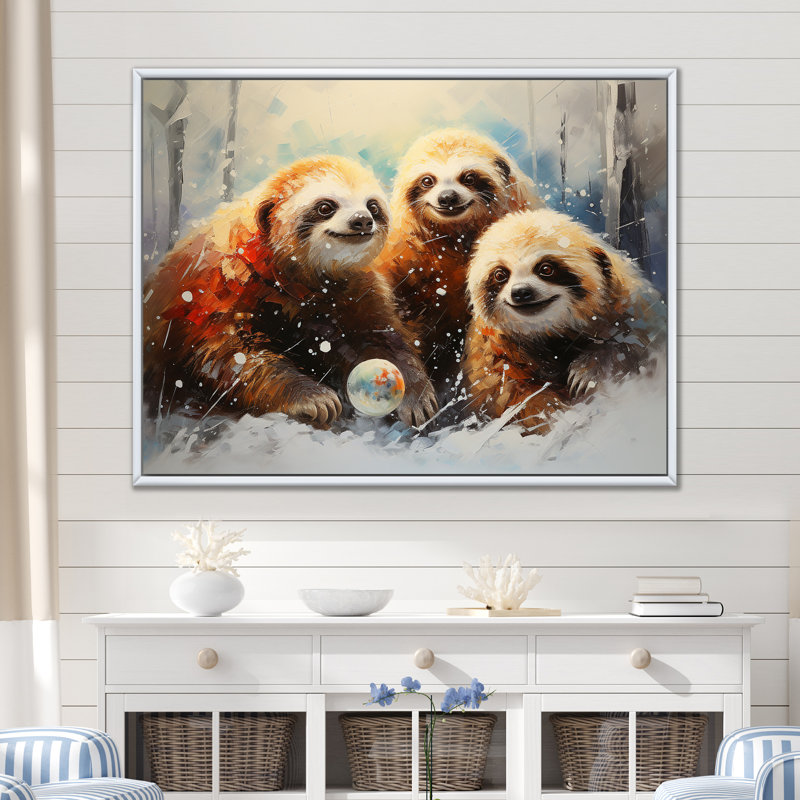 Hiver paresseux brun - art paresseux, H 16 po x l 32 po x P 1 po, Cadre flottant blanc