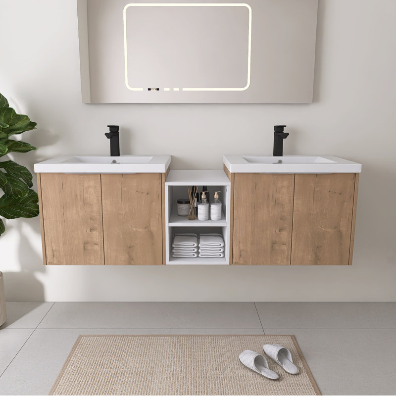 Acorn 60" Wall Mounted Double Bathroom Vanity Set With Resin Sink，A Small Storage Shelf, 60", Beige