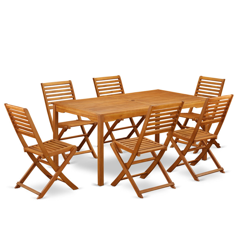 7 Piece Patio Dining Set Consist of a Rectangle Outdoor Acacia Wood Table and 6 Folding Side Chairs, Natural Oil