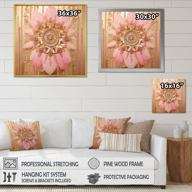 Boho Glam Pink and Gold Dreamcatcher, reproduction d'art sur toile, H 24 po x l 24 po x P 1 po, Cadre naturel flottant